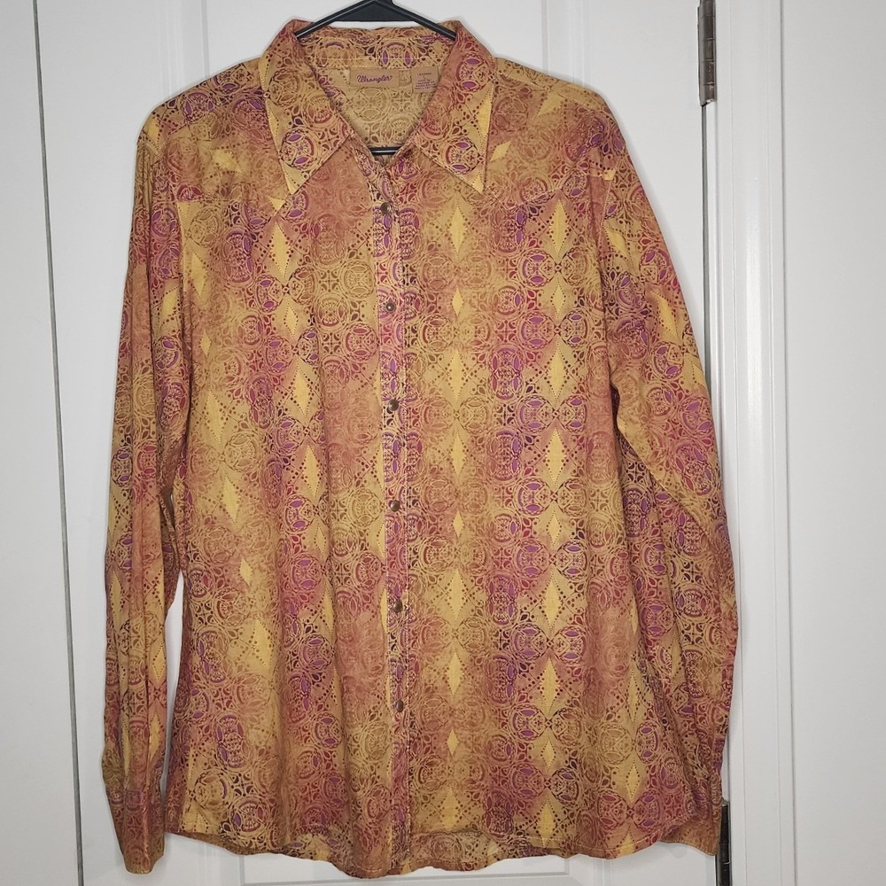 Wrangler Vintage Womens Western Snap Front Shirt Yellow Purple Medallion L